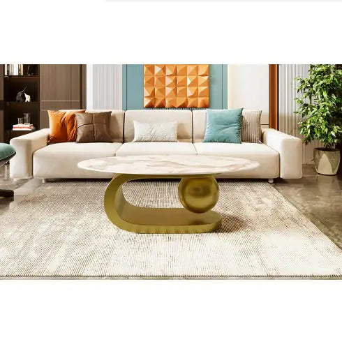 Modern Oval Coffee Table For Living Room, Marble Pattern Sintered Stone Coffee Tabletop With Gold Stainless Steel Base In 47.2