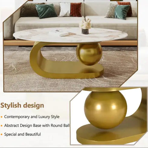 Modern Oval Coffee Table For Living Room, Marble Pattern Sintered Stone Coffee Tabletop With Gold Stainless Steel Base In 47.2