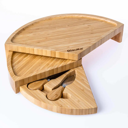 Bamboo Cheese Board and Knife Set - 14 Inch Swiveling Charcuterie Board with Slide-Out Drawer - Cheese Serving Platter, Round Serving Tray