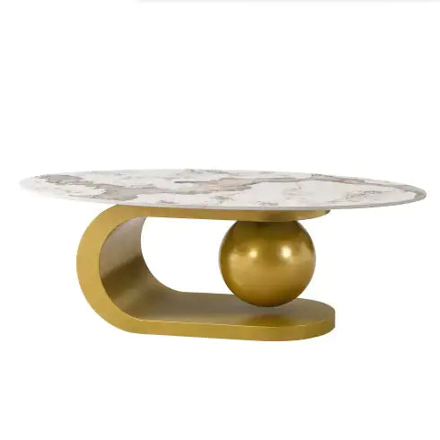 Modern Oval Coffee Table For Living Room, Marble Pattern Sintered Stone Coffee Tabletop With Gold Stainless Steel Base In 47.2