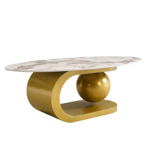 Modern Oval Coffee Table For Living Room, Marble Pattern Sintered Stone Coffee Tabletop With Gold Stainless Steel Base In 47.2