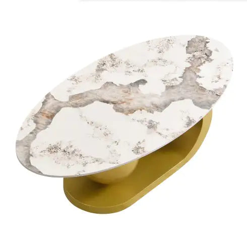 Modern Oval Coffee Table For Living Room, Marble Pattern Sintered Stone Coffee Tabletop With Gold Stainless Steel Base In 47.2