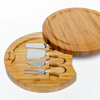 Bamboo Cheese Board and Knife Set - 10 Inch Swiveling Charcuterie Board with Slide-Out Drawer