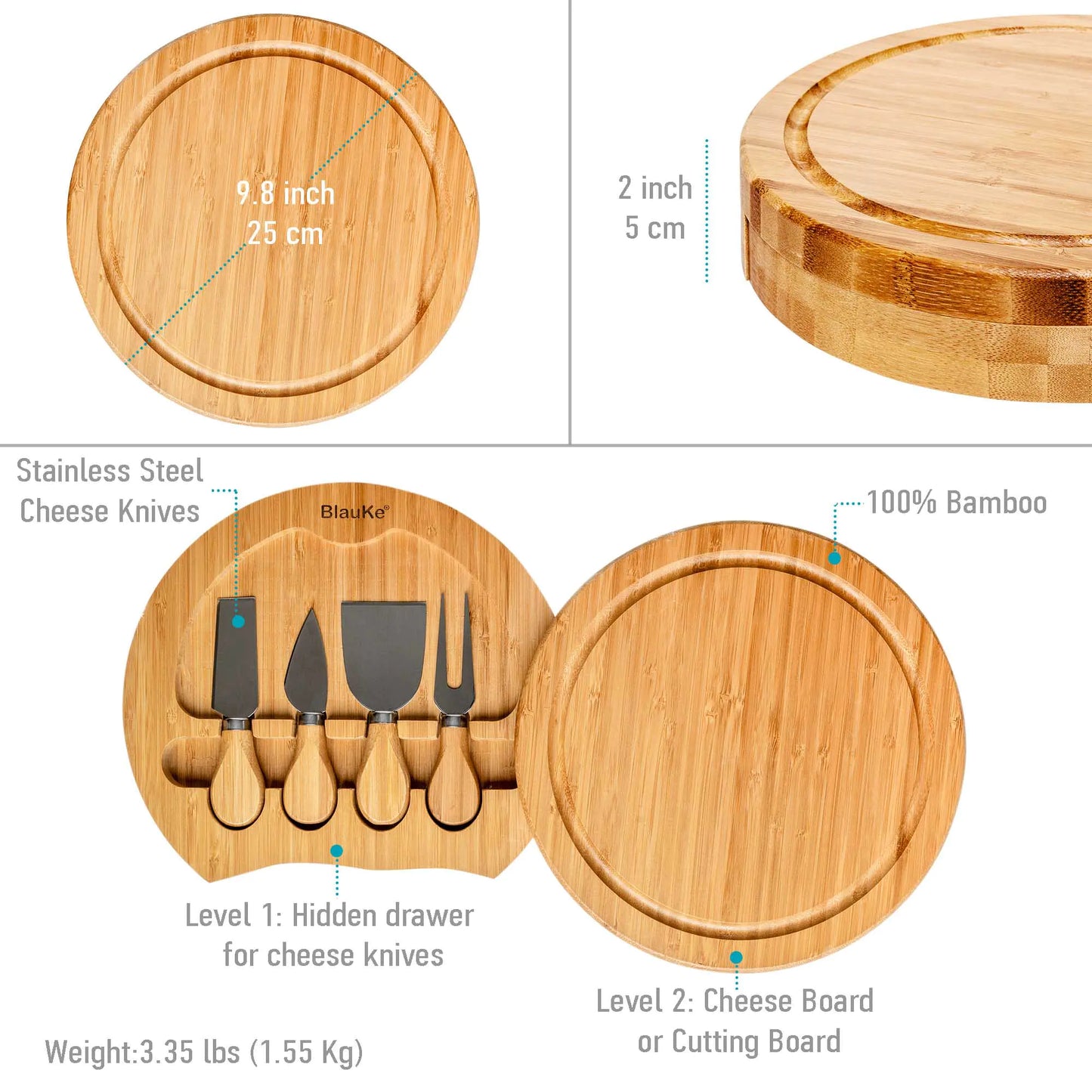 Bamboo Cheese Board and Knife Set - 10 Inch Swiveling Charcuterie Board with Slide-Out Drawer