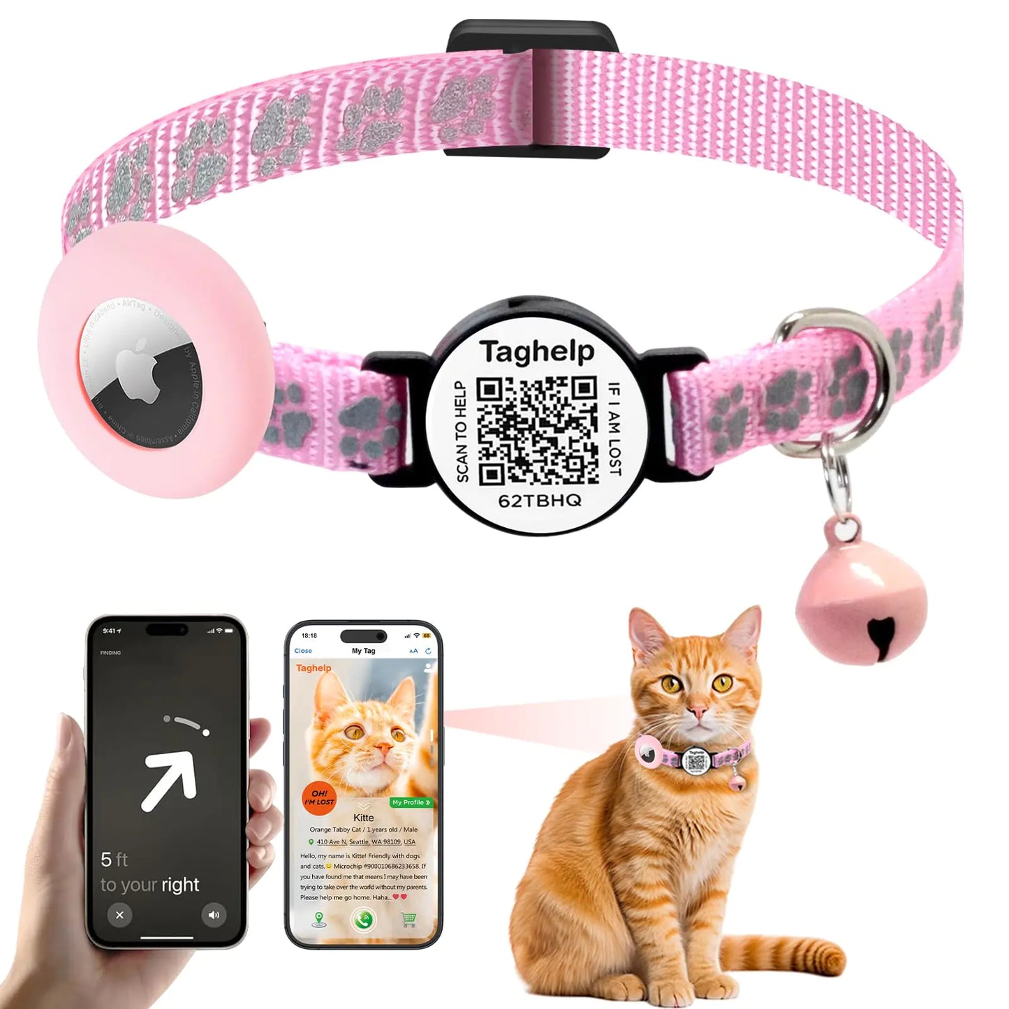 Airtag Cat Collar Breakaway with BellReflective Kitten Collar with Apple Airtag Cat Collar HolderSafety Buckle for Girl Boy CatsPet SuppliesAccessoriesGifts (Pink Cute paw Print)