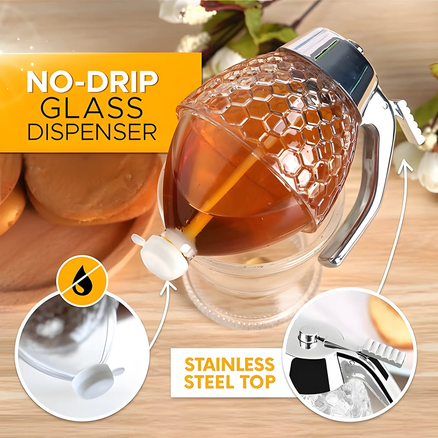 No Drip Glass Honey Dispenser with Stand